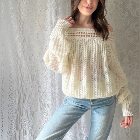 Vintage Sweaters - Vintage Cream Off Shoulder Knit Sweater Cottagecore Balloon Sleeve Soft